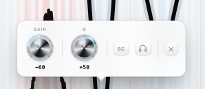 A node's popover open, showing Gain, Q, SC, the headphone Solo button, and delete